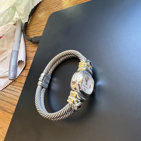 David Yurman 2 Row Cable Gold Quartz Garnet Sterling Silver Gold Trim - Picture 9 of 12